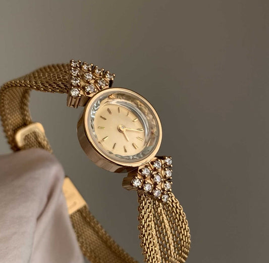 Woven Strap Retro Court Style Retro Gold, Round Small Watch For Women